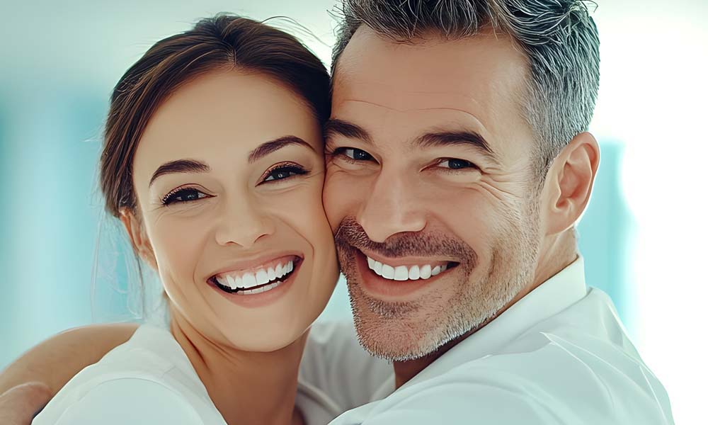 A happy middle-aged couple in white hugging each other. The man Zahnimplantate