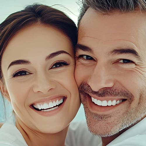 A happy middle-aged couple in white hugging each other. The man