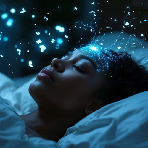 Illustration of African American woman experiencing neural decoding of dreams while sleeping