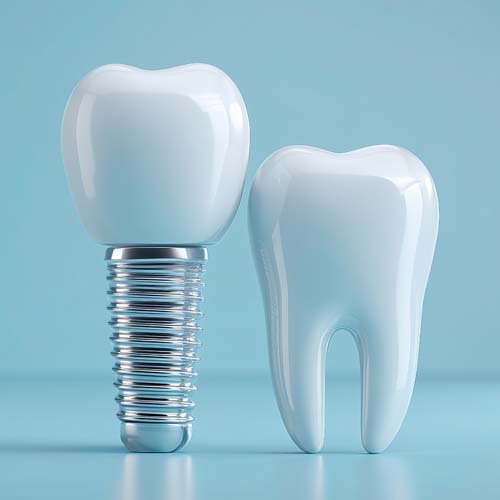 3D animation of dental implant and tooth on light blue backgroun